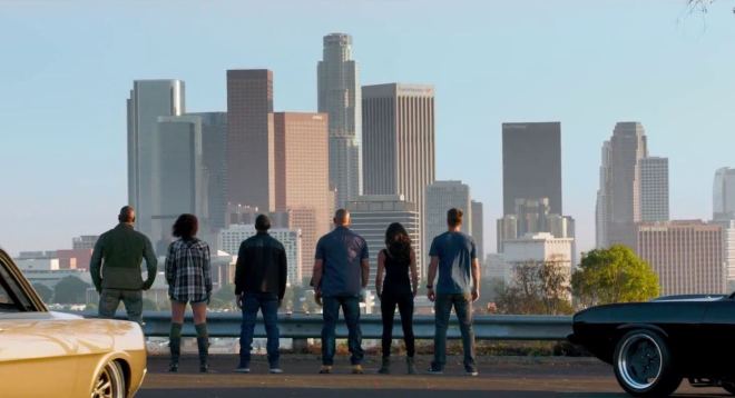 Furious 7 starring Vin Diesel, Paul Walker, Dwayne Johnson, Ludacris, and Jason Statham.